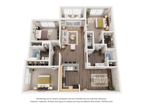 Floor plan for 3 beds, 2 baths, 1317 sqft